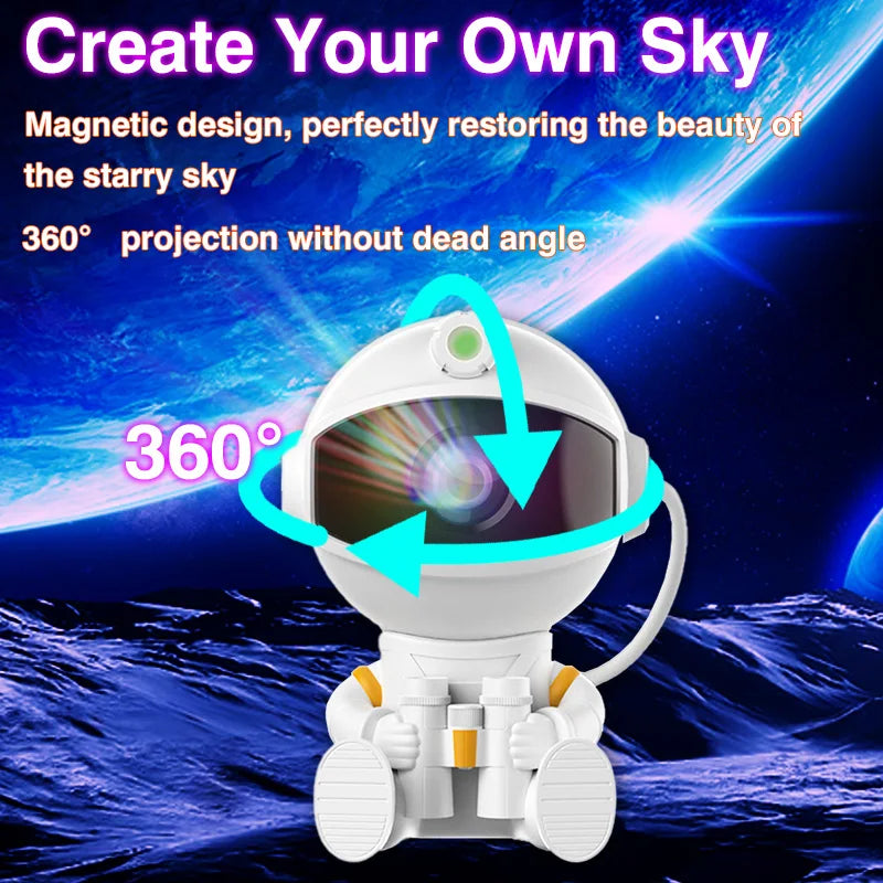 Astronaut projector lamp by S And B Enterprise; white astronaut figure projecting a galaxy starry night light with 360° rotation