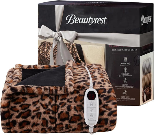 Leopard Print Electric Heated Throw Blanket With Auto Shut Off