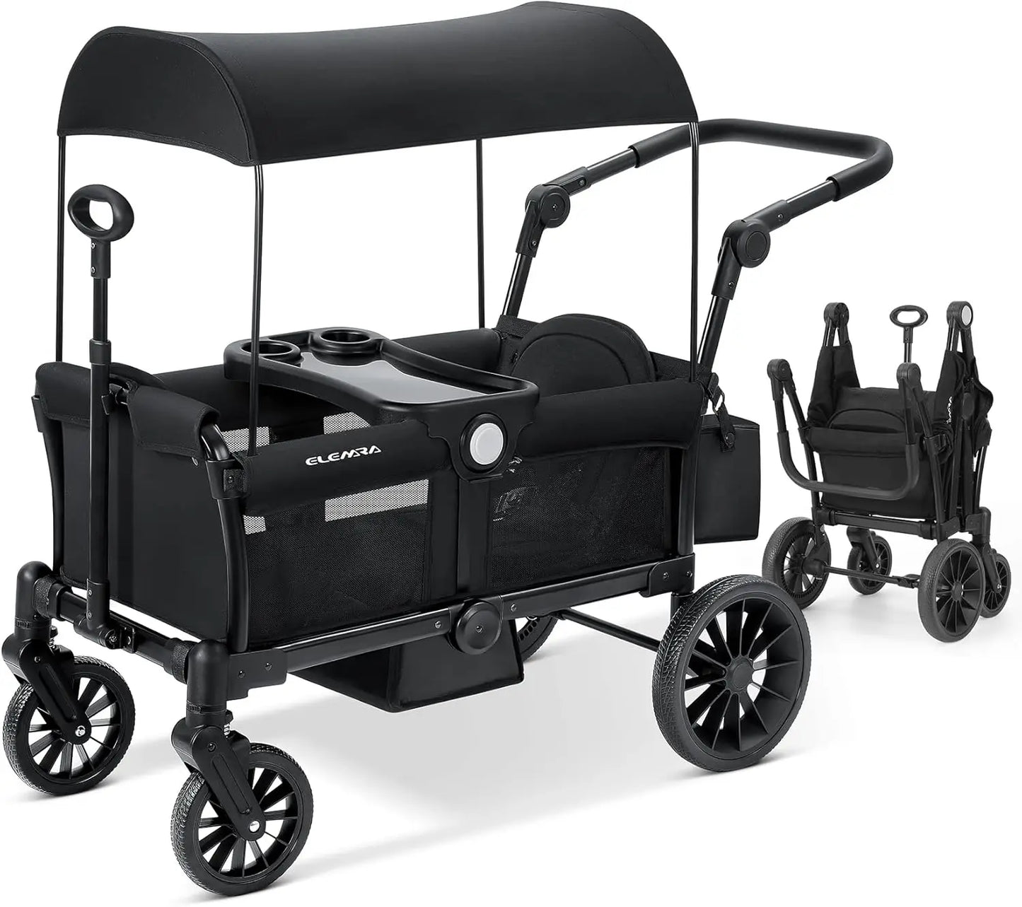 Foldable All-Terrain Wagon Stroller for Two Kids With Removable Canopy