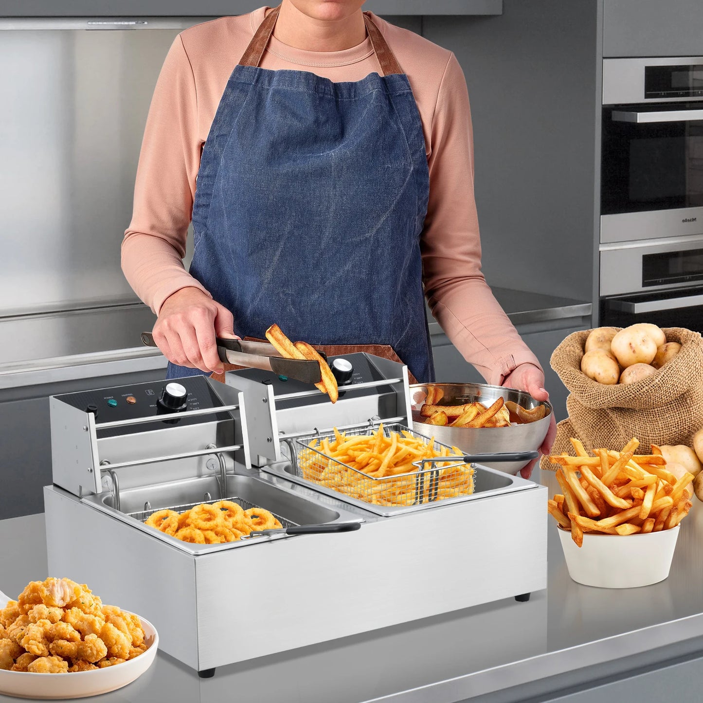 Adoolla Commercial Electric Dual Tank Countertop Stainless Fryer
