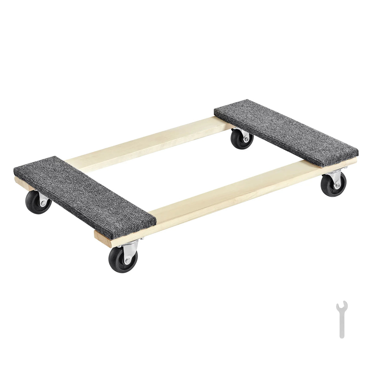 1000lb furniture moving pallet trolley; wooden frame with grey carpeted end pads and four PP swivel caster wheels