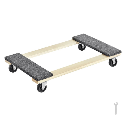 1000lb furniture moving pallet trolley; wooden frame with grey carpeted end pads and four PP swivel caster wheels
