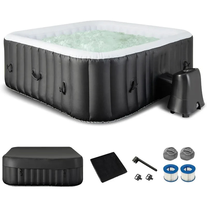 Inflatable hot tub by S And B Enterprise with 130 bubble jets, black exterior and white rim; includes insulated lockable cover, ground mat and filter cartridges