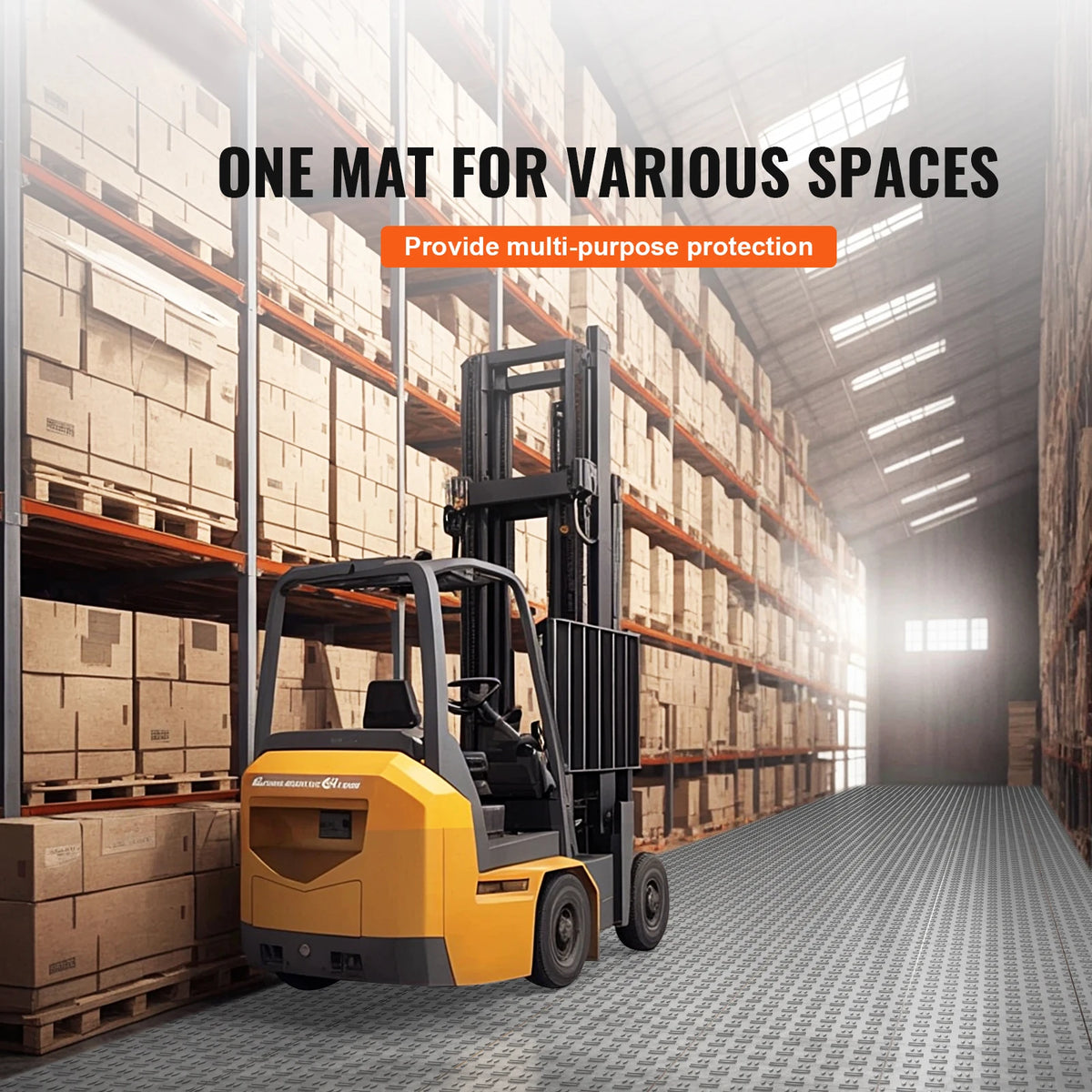 Interlocking garage floor tiles, gray textured surface, shown in a warehouse with a forklift and stacked boxes