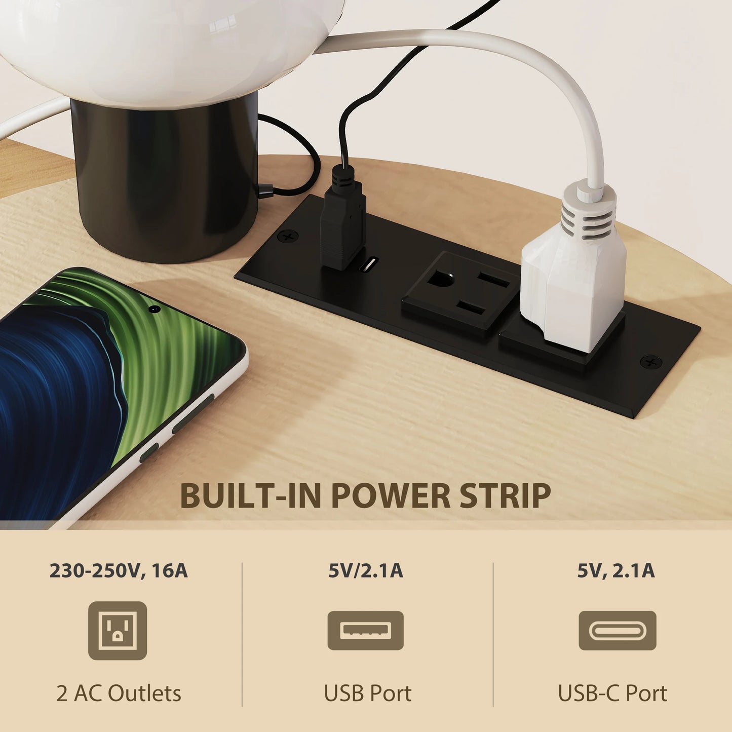 HOMCOM Round Side Table With Charging Station And Fabric Storage