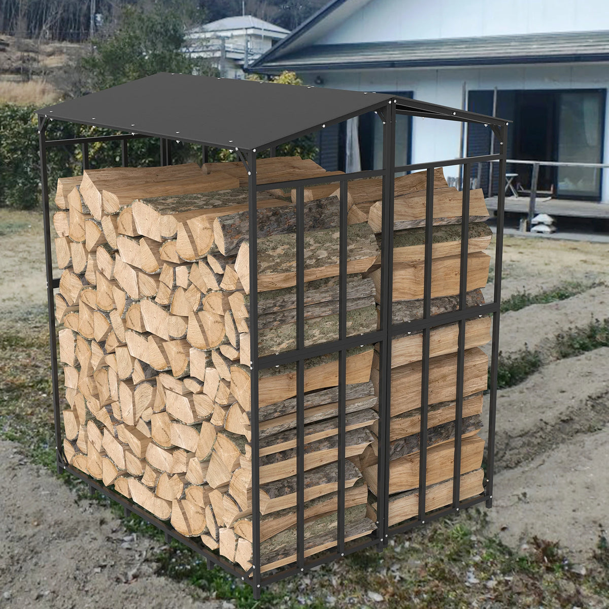 Extra large tall outdoor firewood rack with black metal frame and roof, filled with stacked wood.