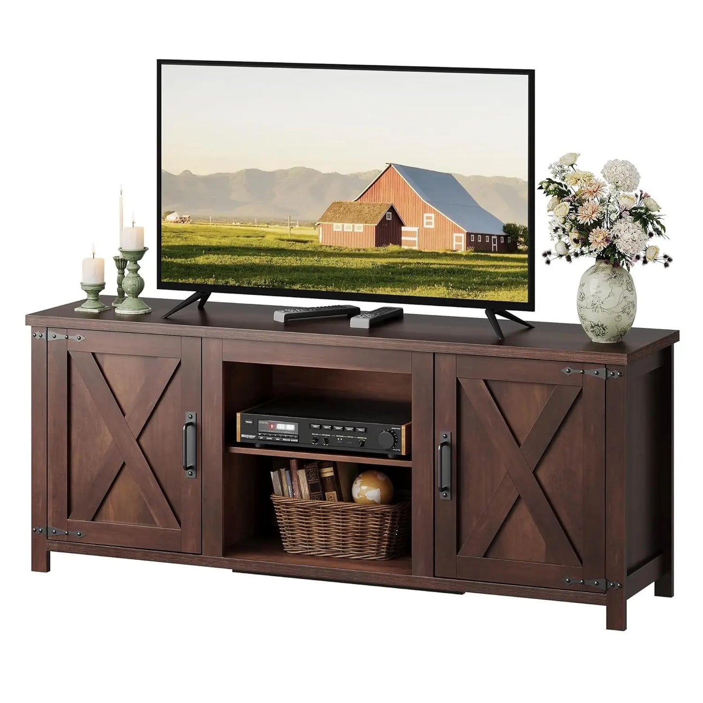 Modern Farmhouse TV Stand With X Shaped Barn Doors Storage