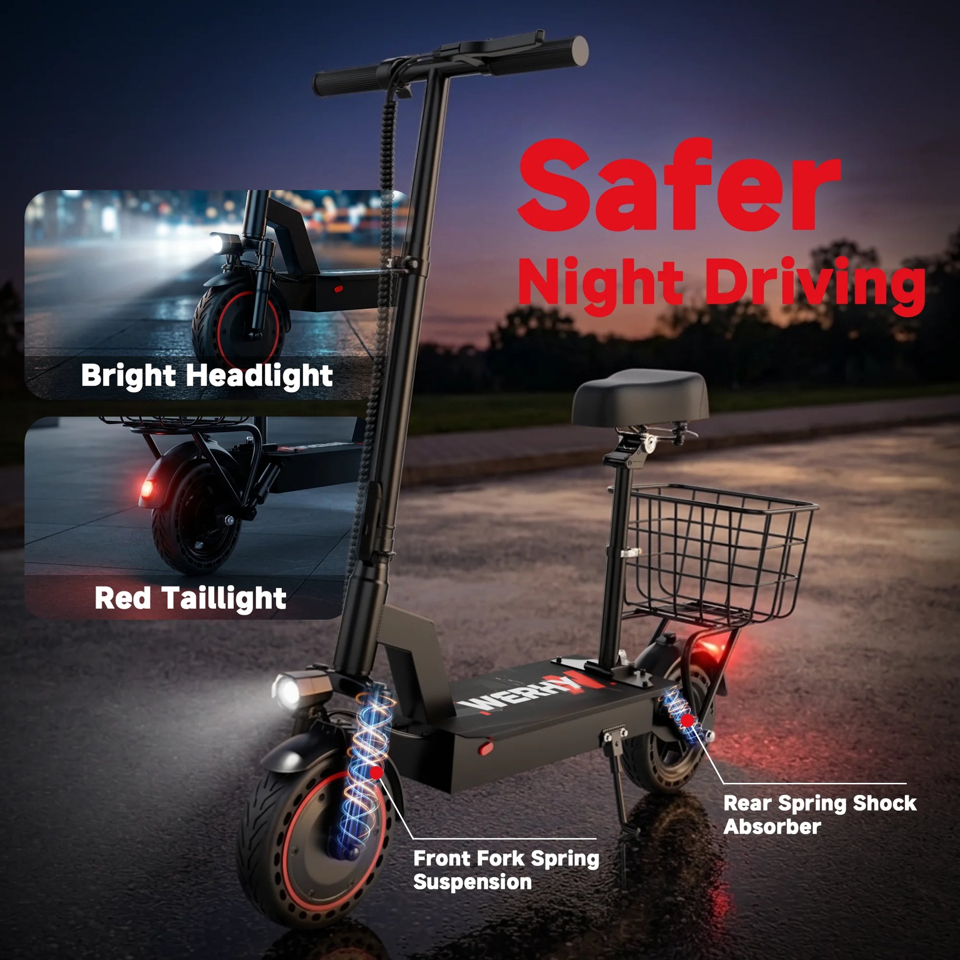 S And B Enterprise electric folding bike with basket, black frame and front fork suspension