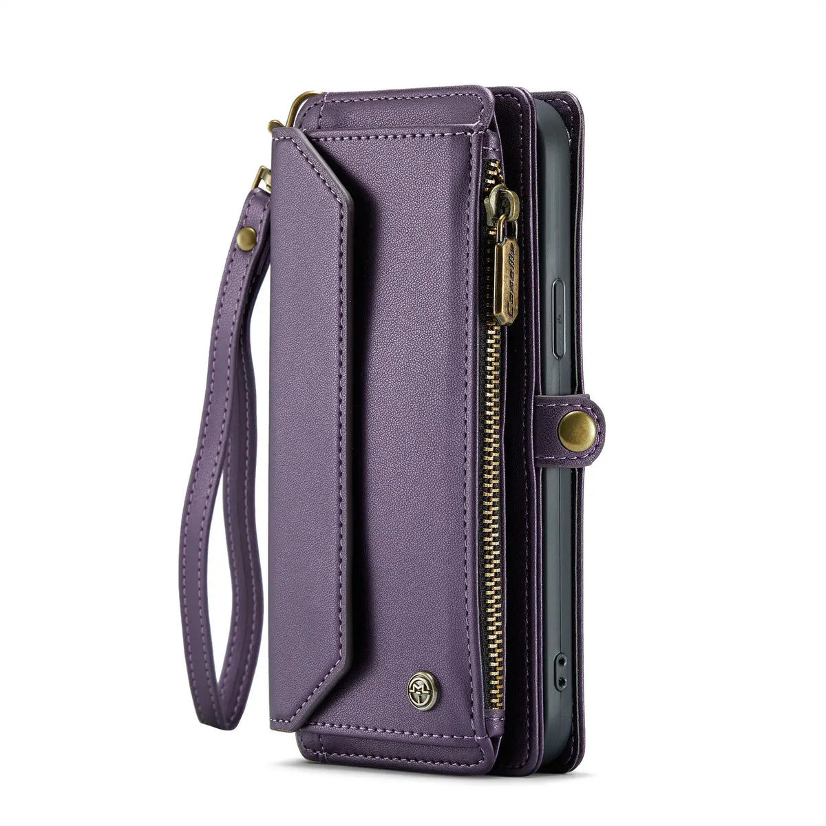 S And B purple leather crossbody wallet case for iPhone with RFID blocking and 7-card slots, zipper bill slot