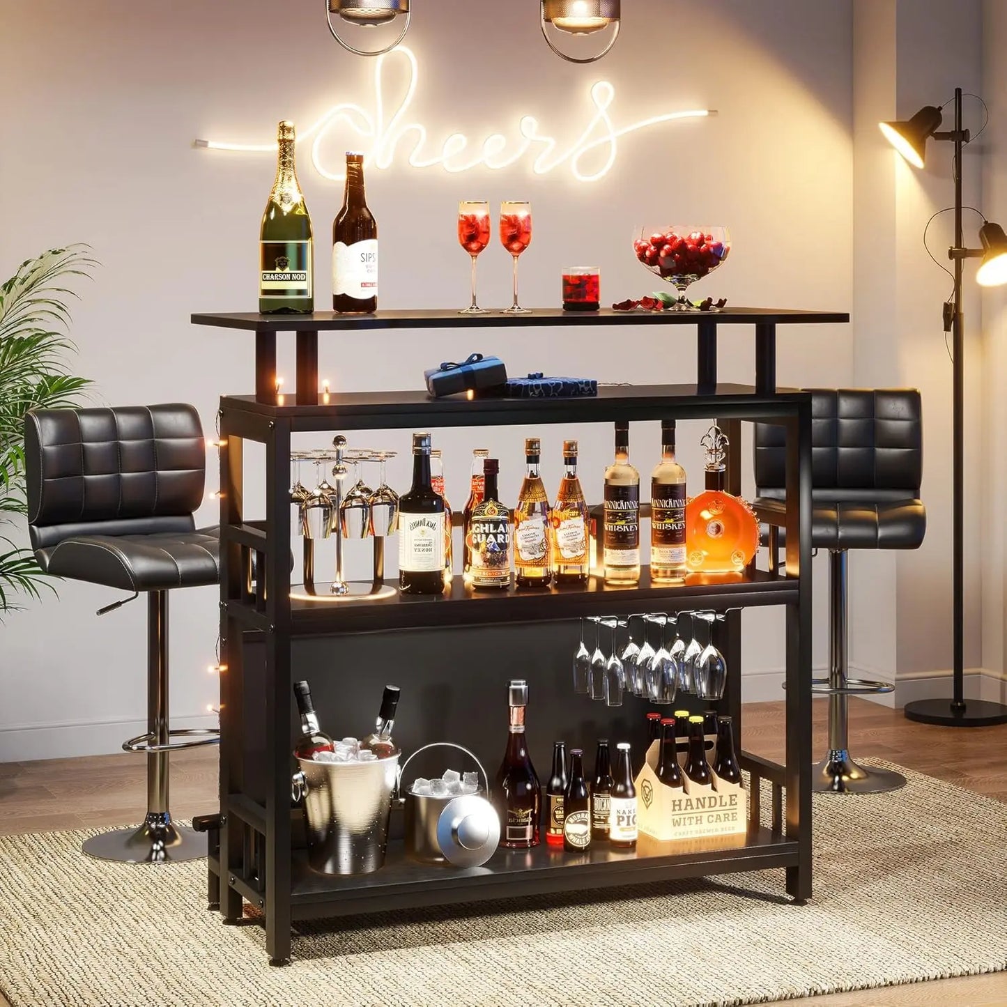 Contemporary Bar Table With Storage And Upholstered Footrest