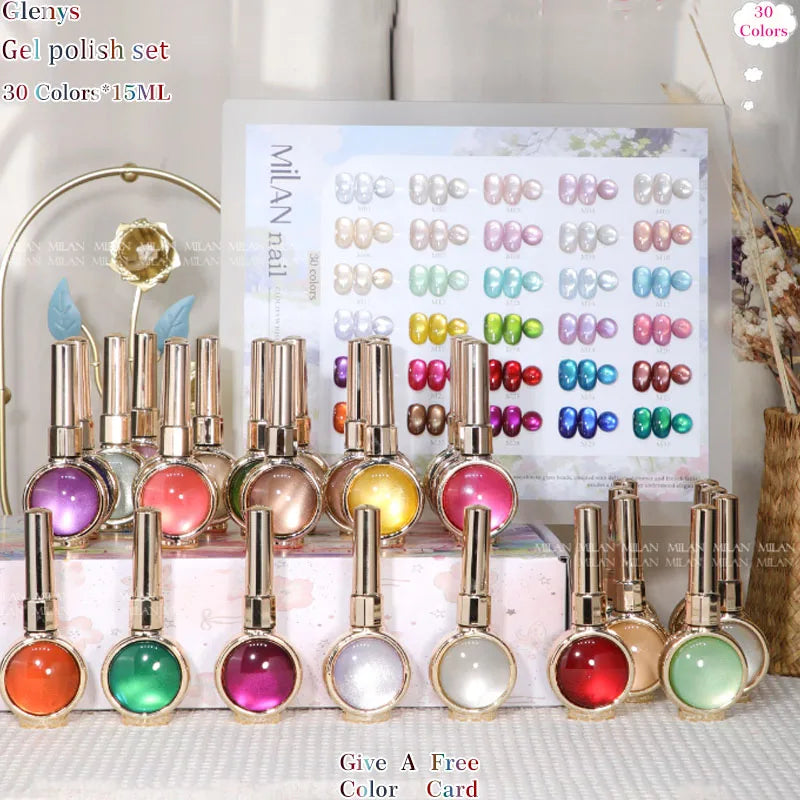 Glenys 30-color cat's eye gel nail polish set, 15ml bottles with gold caps