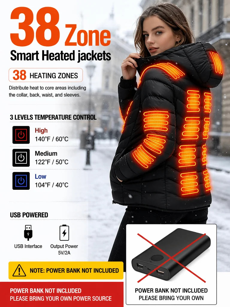 Men's heated jacket, black, USB powered with 38 heating zones; power bank not included.