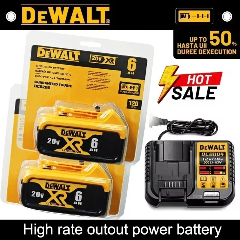 DeWalt 20V XR 6Ah lithium-ion batteries (2) with charger, yellow and black DeWalt packaging