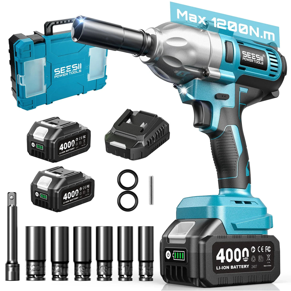 Seesii 3-in-1 cordless tool kit: rotary hammer drill, impact wrench, angle grinder in blue; includes two 4000mAh Li-ion batteries and charger
