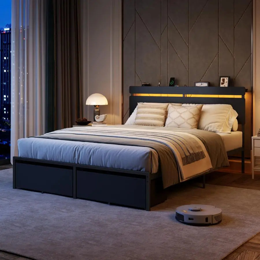 Vellivy Bed Frame With Wood Headboard And Storage Drawers
