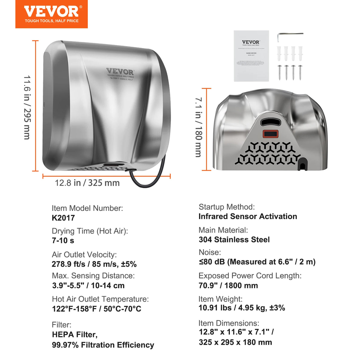 Hand dryer VEVOR stainless steel, 1400W automatic high-speed warm wind