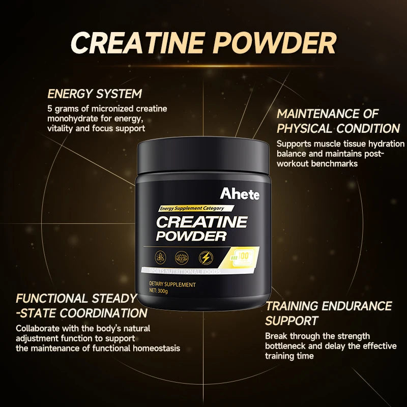 Ahete creatine powder tub, black container with white label, net 300 g