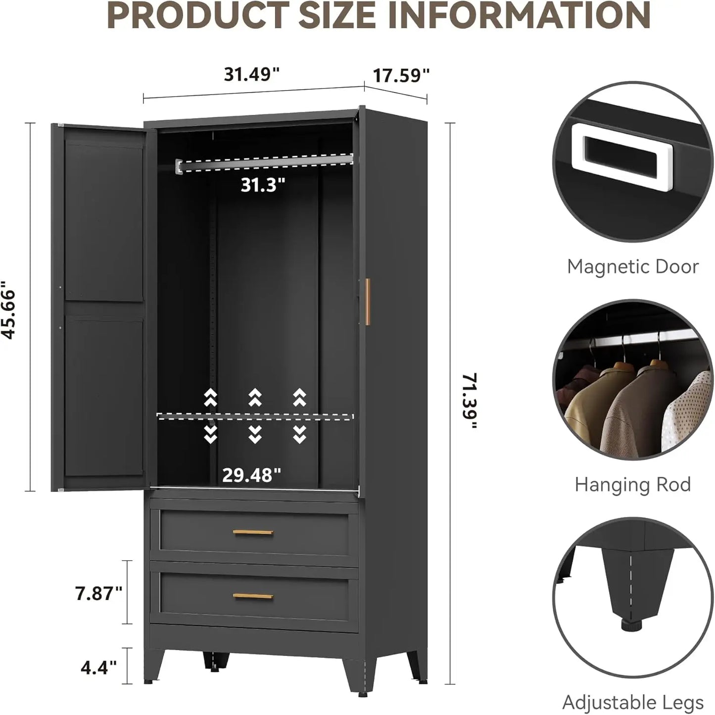 Steel Wardrobe Cabinet With Hanging Rod And Adjustable Shelves