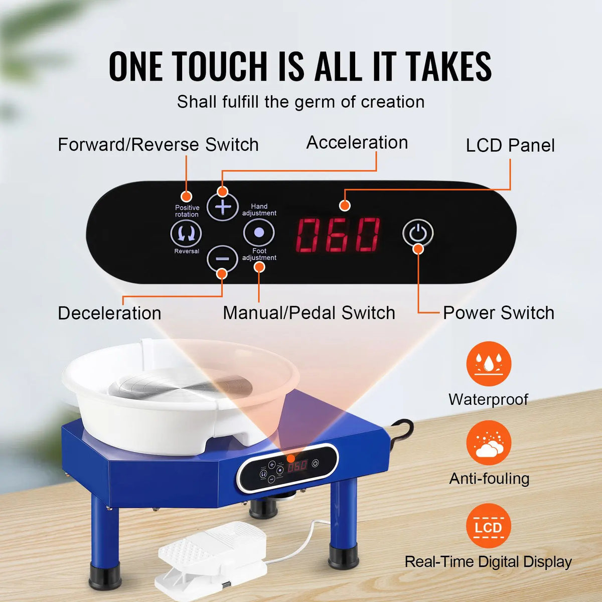 S And B Enterprise blue 10-inch pottery wheel with detachable ABS basin, 60–300 RPM, LCD panel.