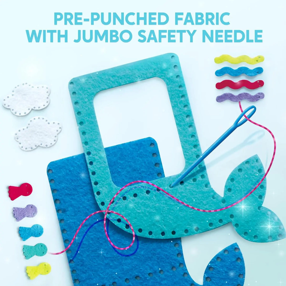 JOYFY 7 Sewing Projects kit by S And B Enterprise; turquoise pre-punched fabric with jumbo safety needle and felt shapes.