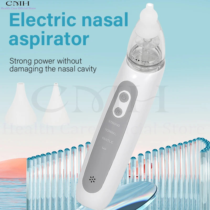 Electric baby nasal aspirator with 3 suction modes, rechargeable, silicone BPA-free tip.