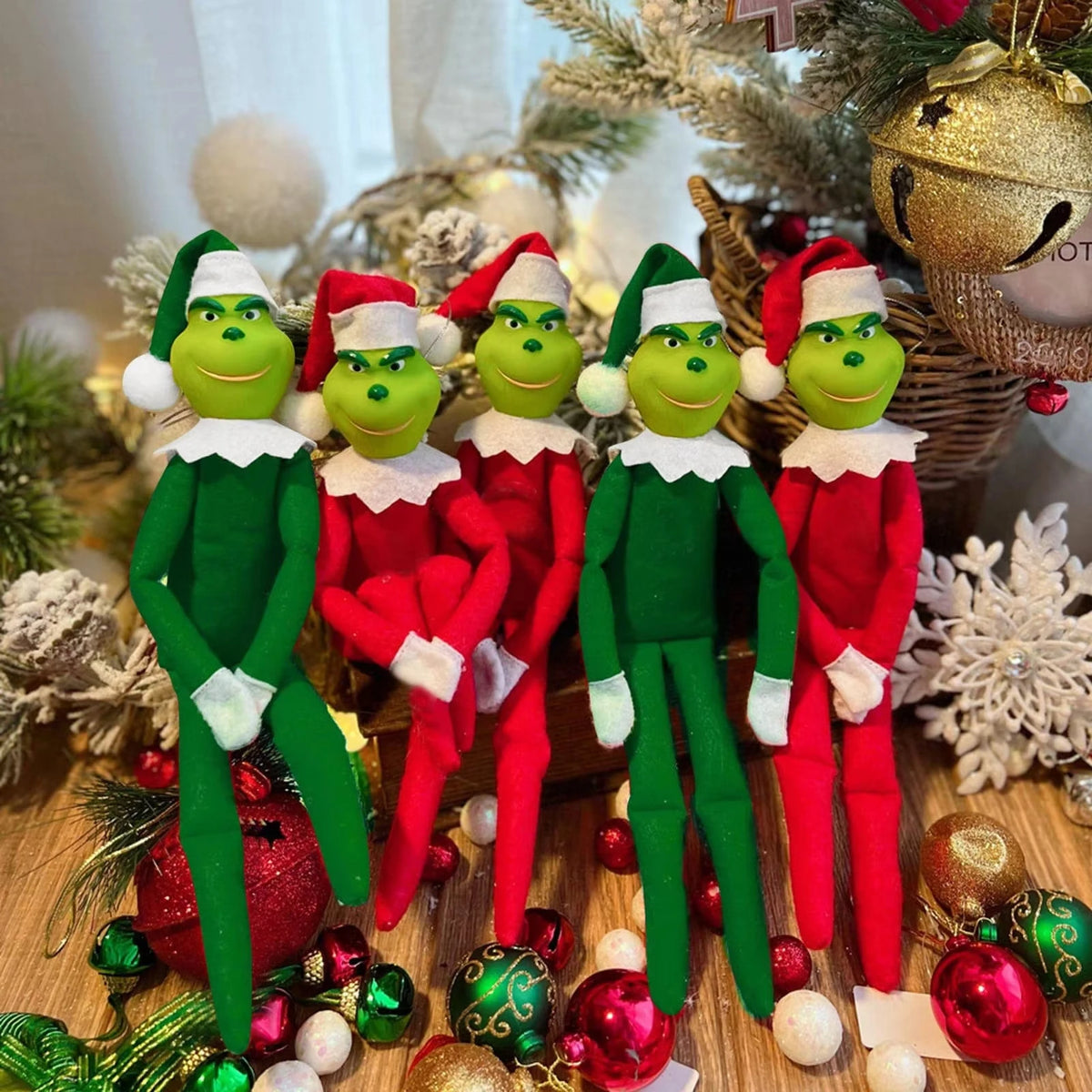 Christmas elf plush figures by S And B Enterprise; set of 5 green and red elves wearing Santa hats.