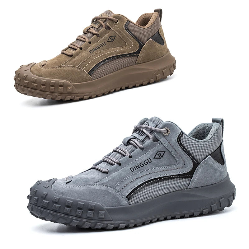 All-Season men's functional work shoes, brown and gray, steel toe, DINGGU (2 pairs)
