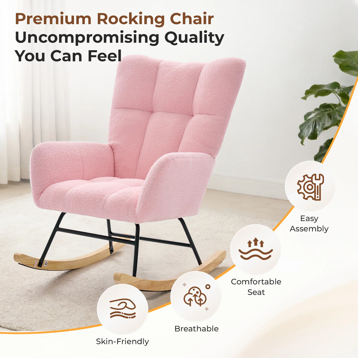 JHK Teddy Upholstered Saucer Rocking Chair by S And B Enterprise, pink plush fabric with metal frame