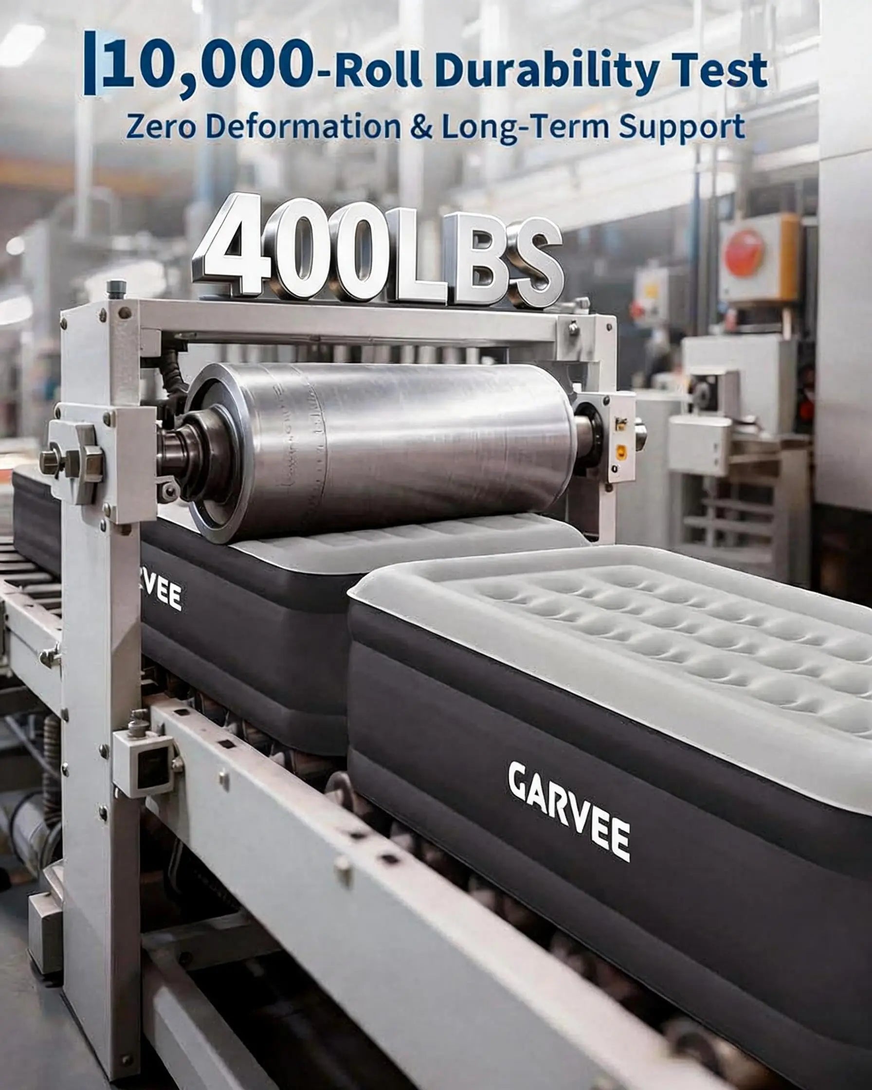 Industrial conveyor system with roller, metal frame, and fabric belt in a factory setting.