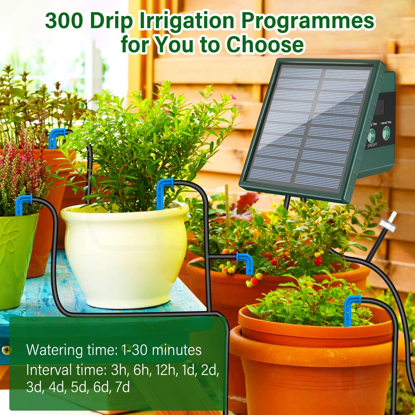 Solar drip irrigation system kit with 10m hose and 10 drip tips, green solar panel unit, by S And B Enterprise