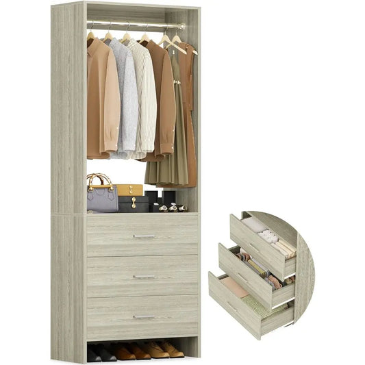 Wood Closet Organizer System With 3 Drawers And Hanging Rods