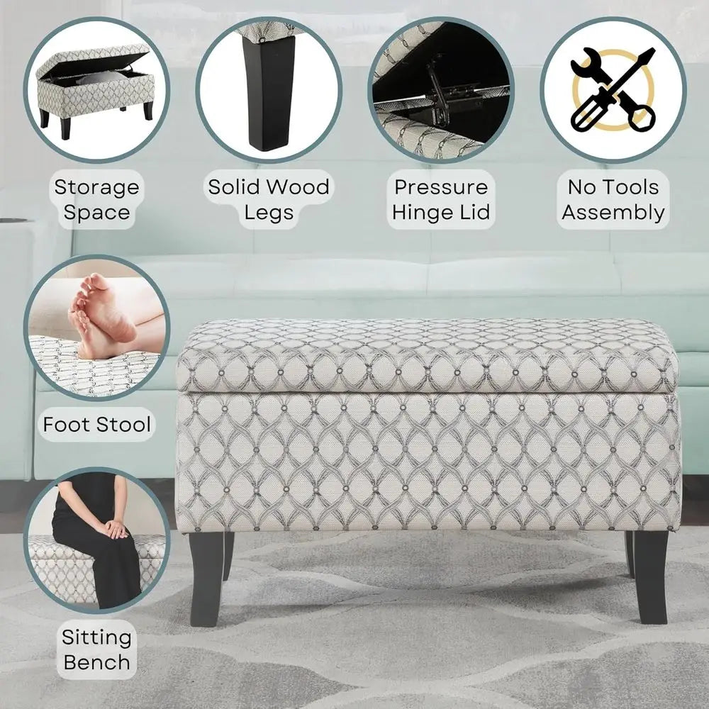 Storage bench ottoman by S And B Enterprise in ribbon-patterned upholstery with solid wood legs