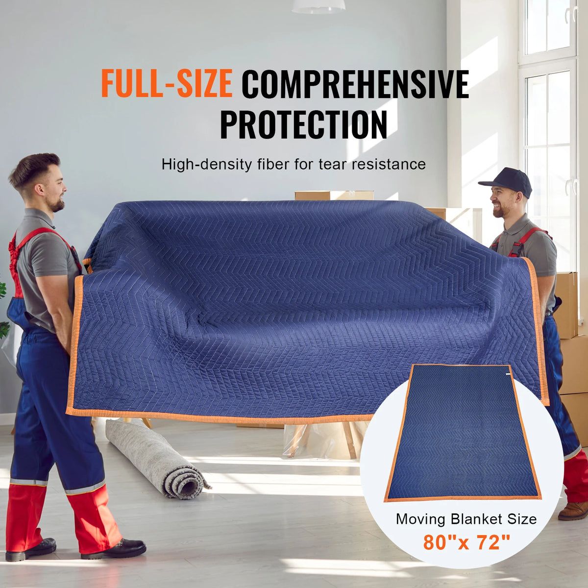 Blue moving blanket 80x72 inches with orange edge, heavy-duty for protecting furniture during moves.