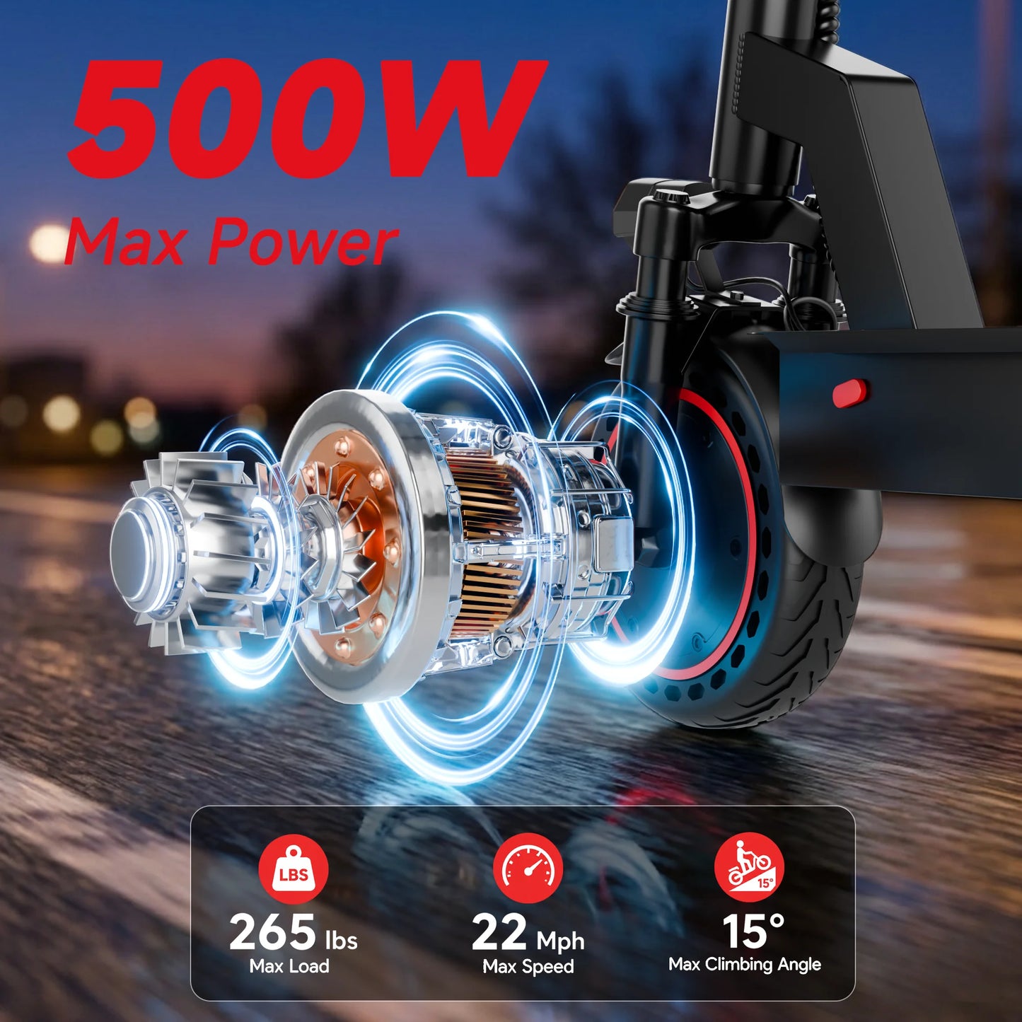 Electric bike motor by S And B Enterprise; 500W, display panel with 265 lbs load, 22 mph, 15° climbing angle