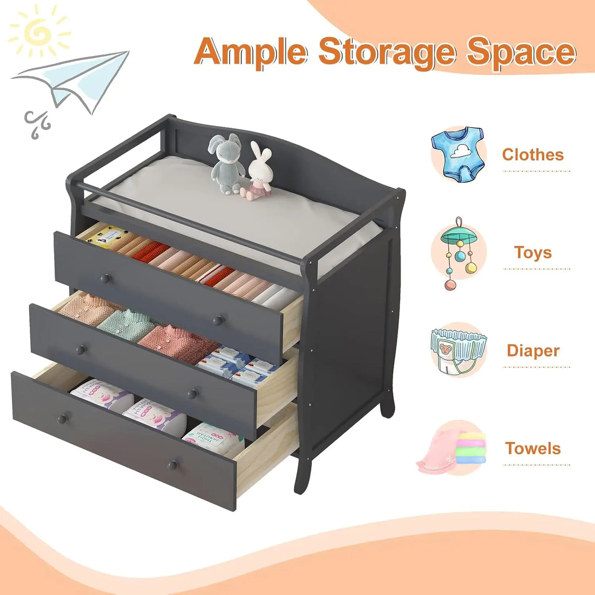 Dark gray wooden baby changing table with three drawers and safety rails