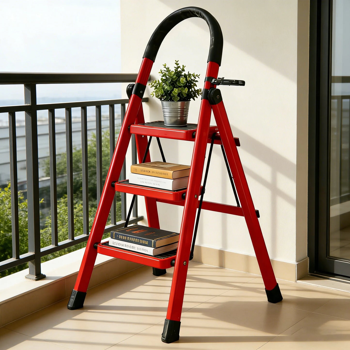 3 Step Folding Ladder Step Stool with Handrail and Tool Holde Portable Steel Frame Safety Ladder with Wide Anti Slip Steps Reinforced A Frame Structure Non Slip Rubber Feet Stable Climbing Ladder for Home Kitchen Office Garag by S And B Enterprise