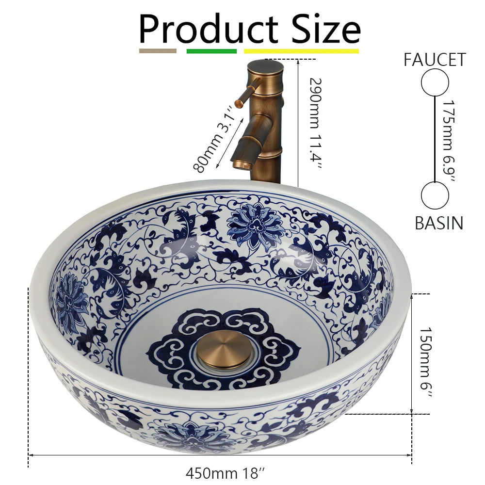 ZAPPO Jindezhen ceramic bathroom vessel sink with bronze mixer faucet; blue floral washbasin, 450mm diameter
