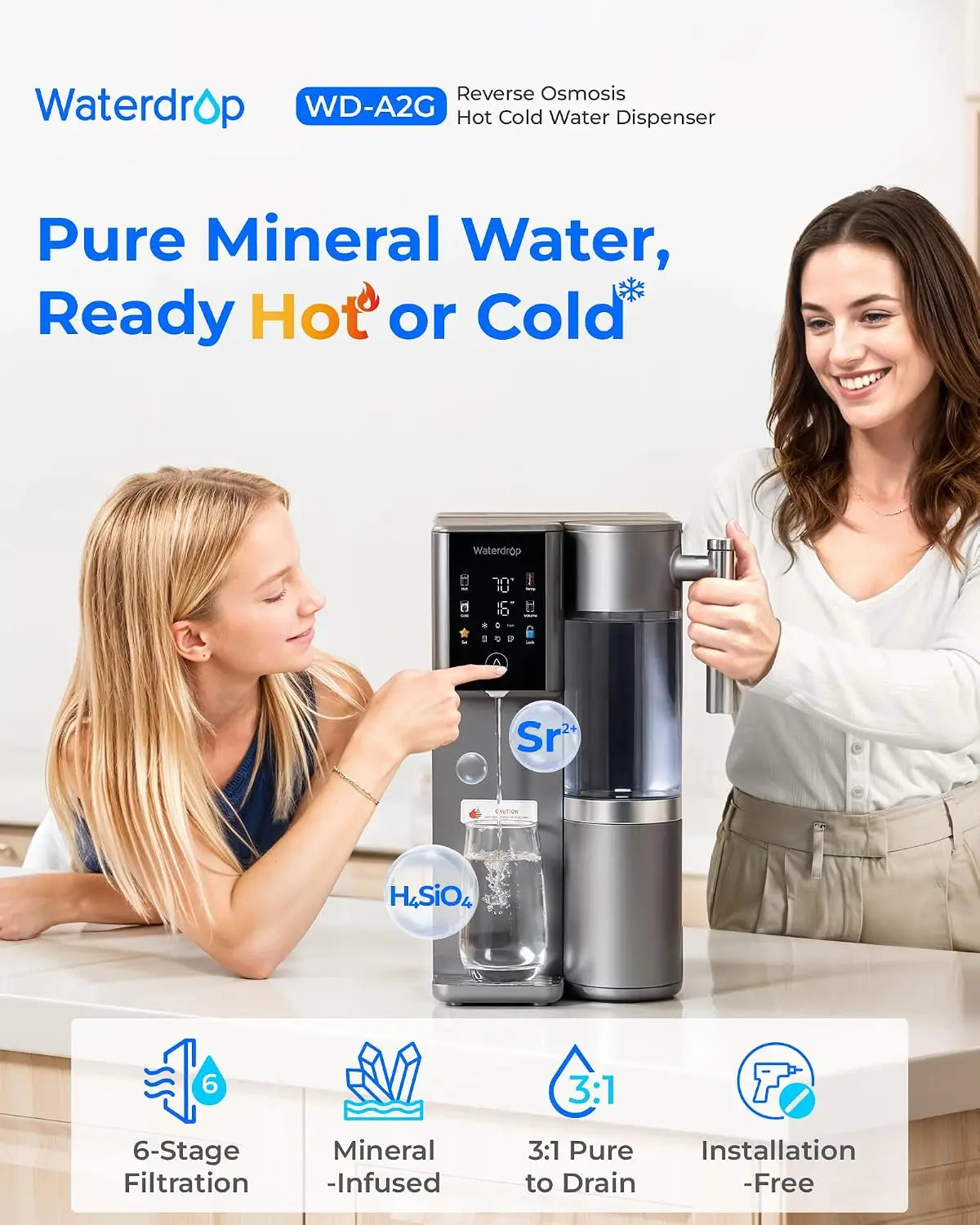 Waterdrop A2G Mineral Reverse Osmosis System Countertop, Instant Hot & Cold 6-Stage Filtration, 6 Temperature Settings, Hot & Cold & Room-Temp Water, 3:1 Pure to Drain