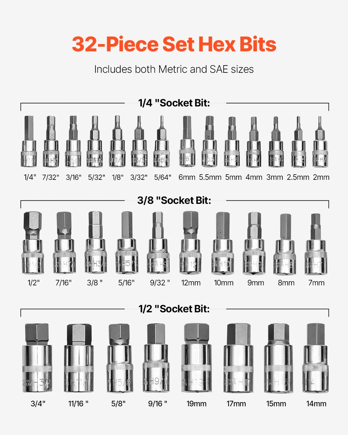 SucceBuy 32-piece hex bit socket set with S2 alloy steel and Cr-V steel; SAE and metric bits in a storage case