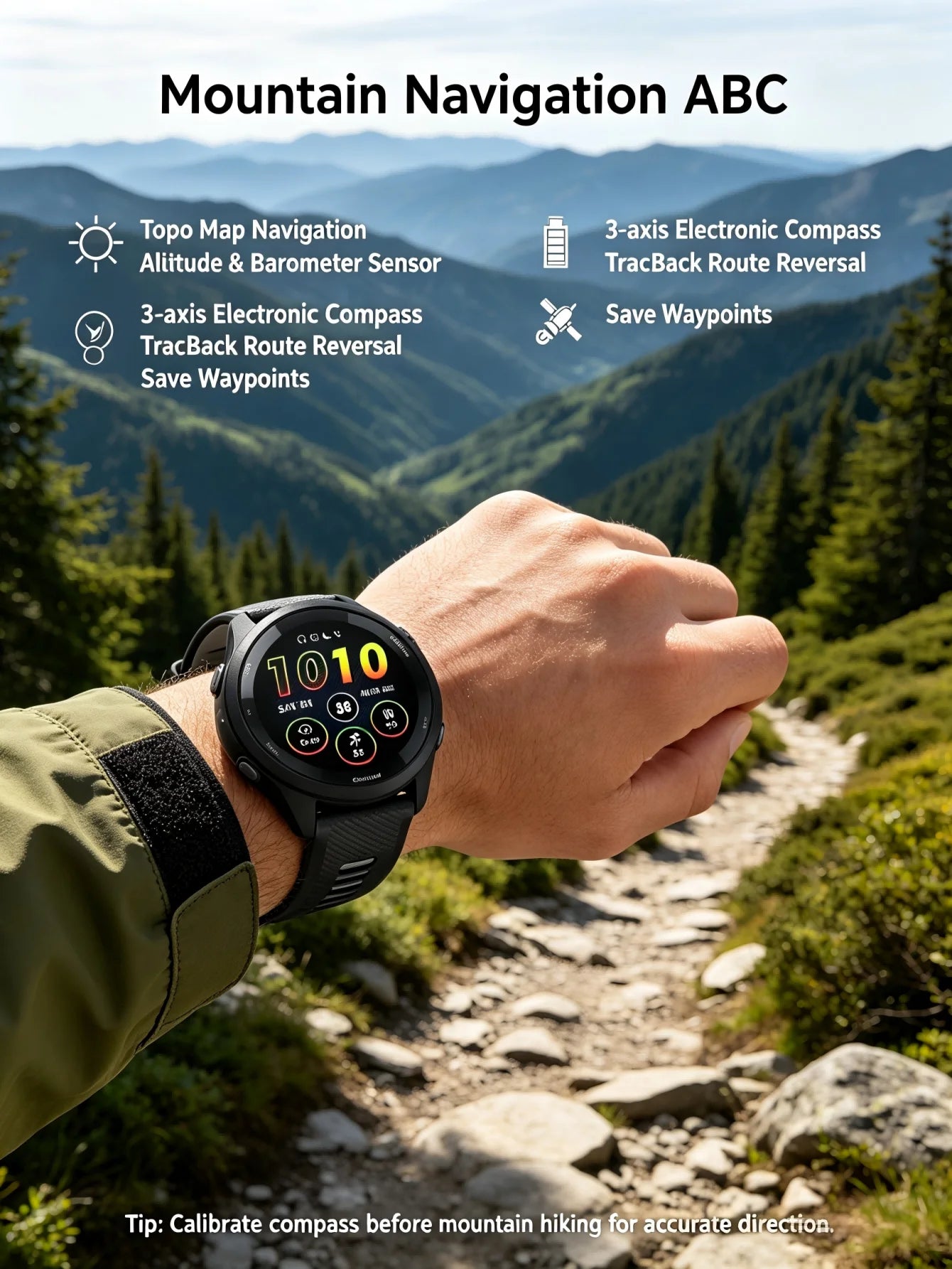 Garmin Forerunner 265 GPS running smartwatch on a black strap with a vibrant circular display, mountain trail background