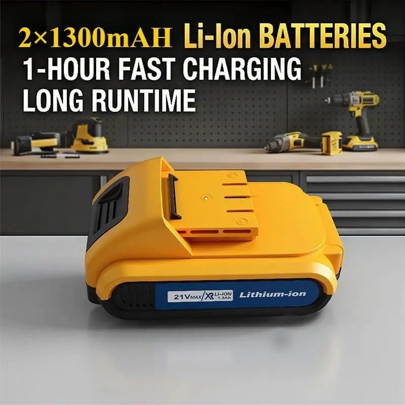 Cordless 21V lithium-ion battery pack in bright yellow for power drill and impact driver kit