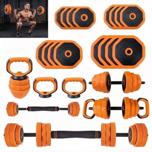 Adjustable dumbbell set with orange and black hex weight plates, bars, connectors, and push-up stand