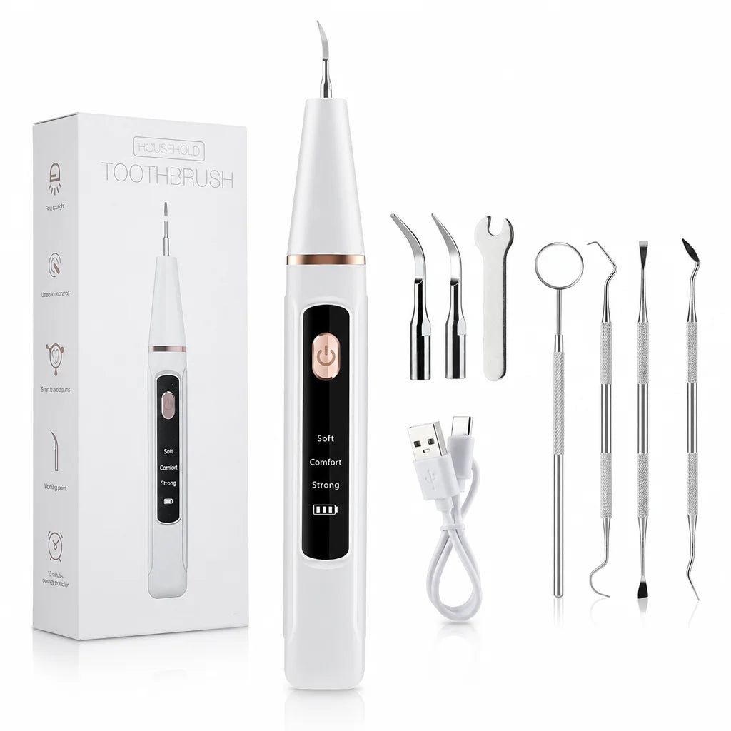 Ultrasonic teeth tartar cleaner by S And B Enterprise with multiple interchangeable tips and USB charging cable.