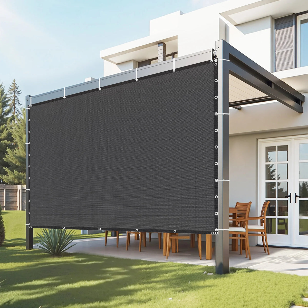 Shade cloth panel for pergola, black HDPE fabric with metal grommets along edges for outdoor privacy screen