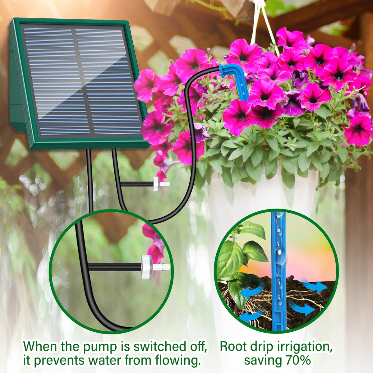 Solar drip irrigation system kit with green solar panel, black hoses and blue adjustable emitter near vibrant flowers.
