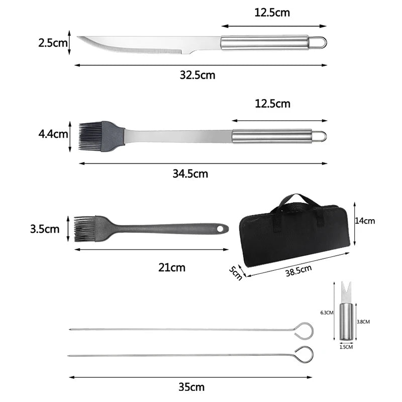 LMETJMA stainless steel BBQ grill utensil set with case; portable kit including knife, spatula, brush and skewers