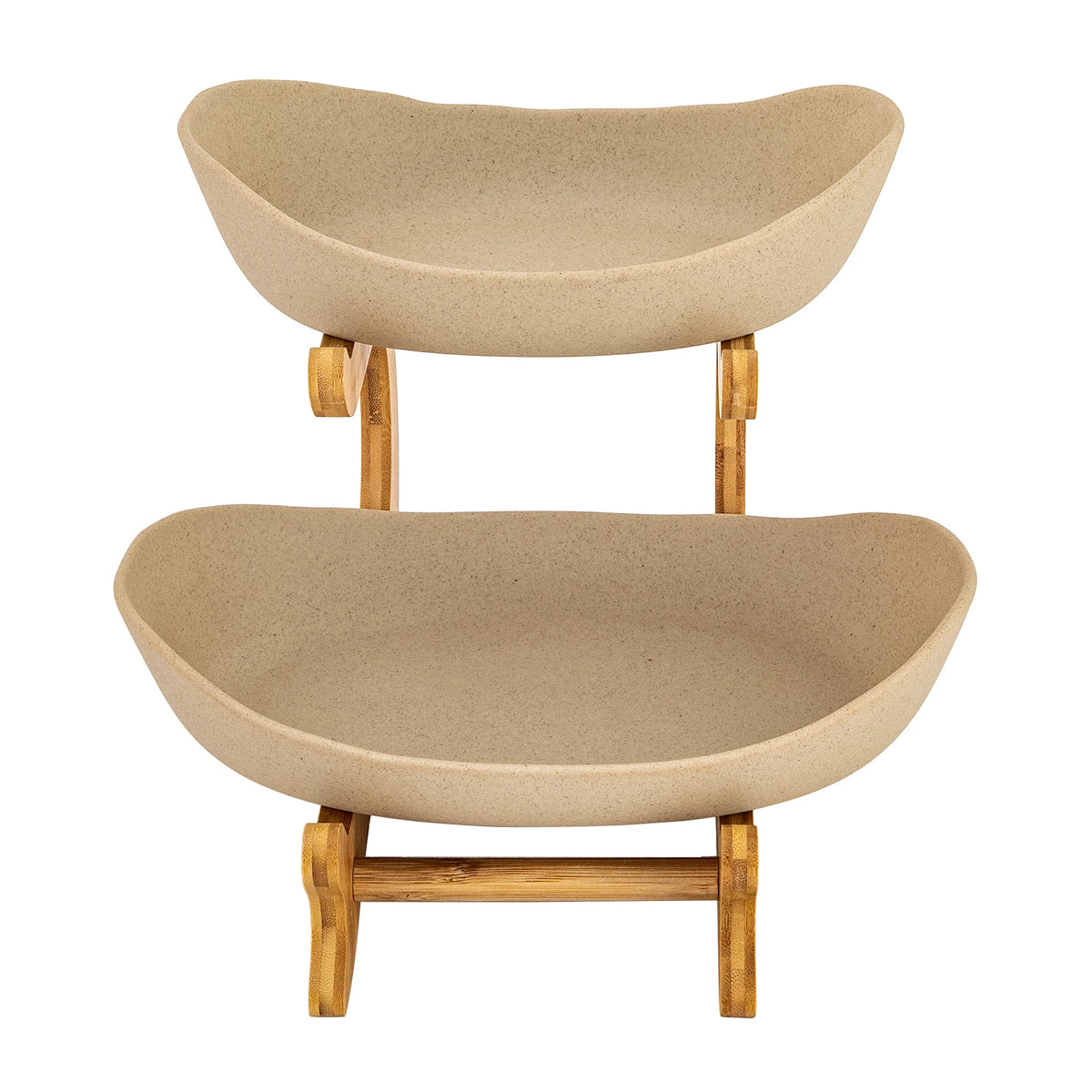 2-tier fruit basket with beige ceramic bowls on a wooden stand