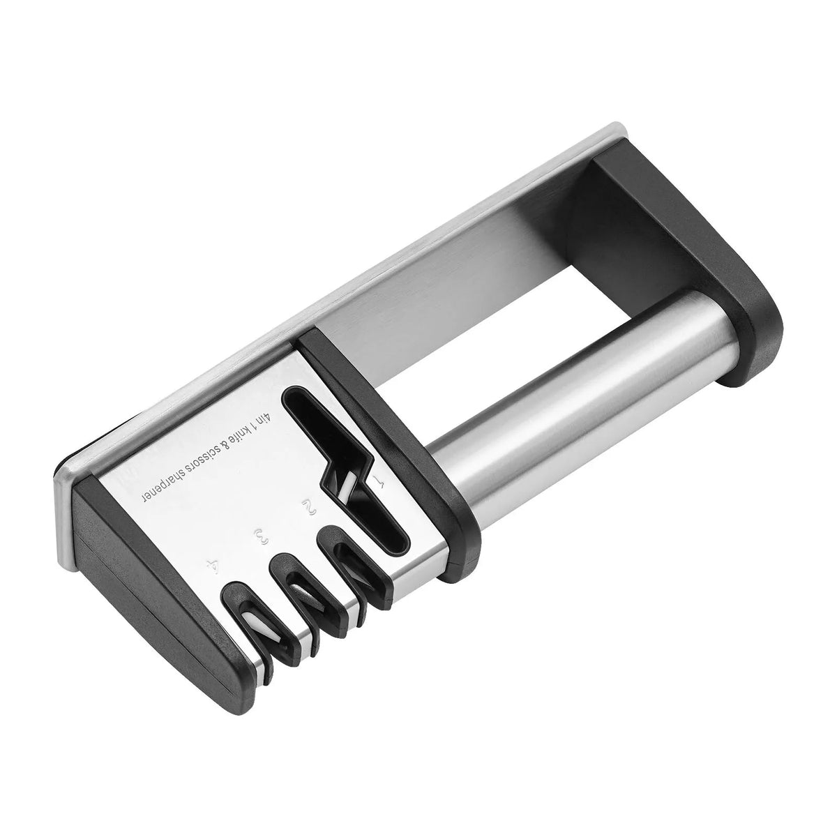 4-stage knife sharpener by S And B Enterprise; stainless steel body with black plastic ends and four sharpening slots