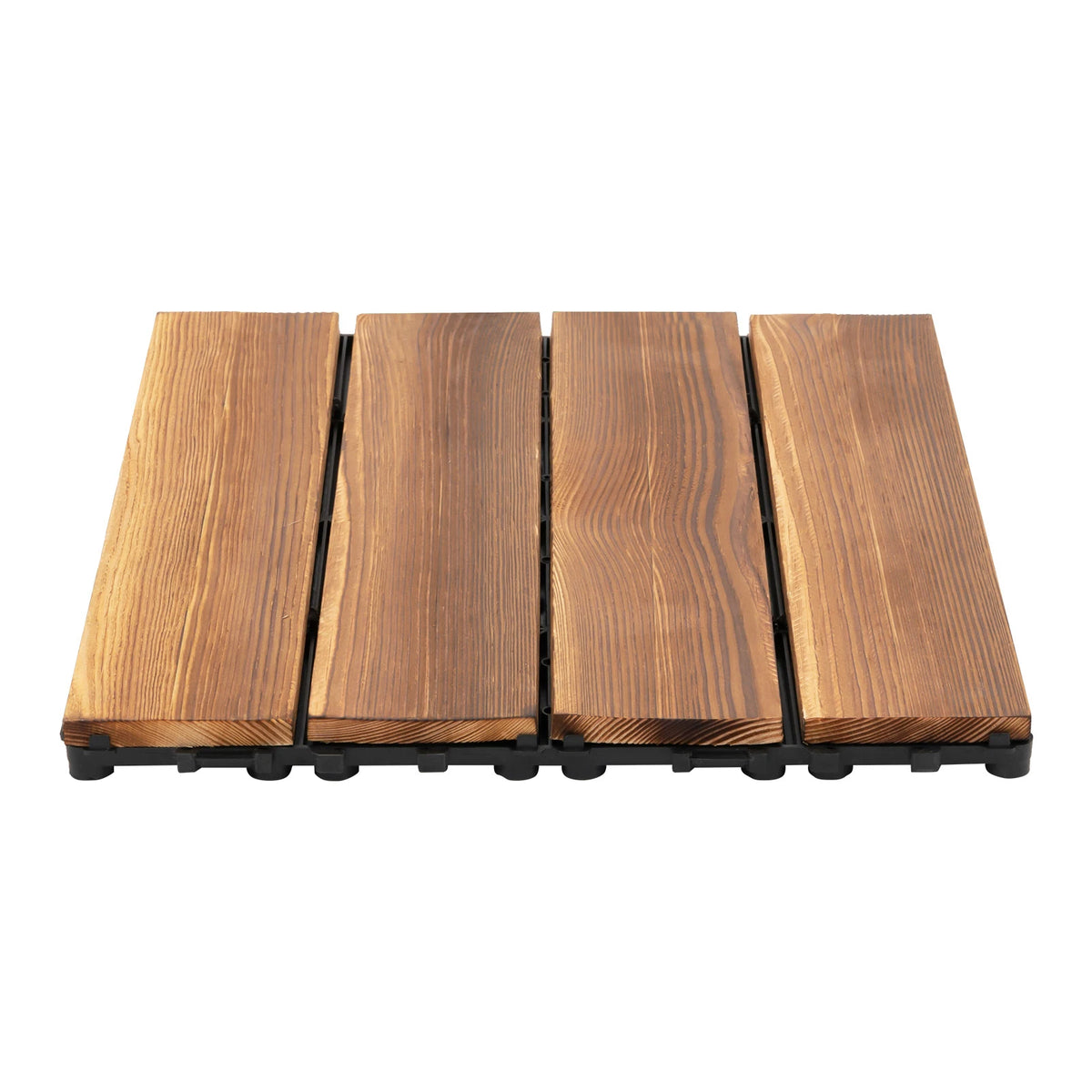 Wood-plastic composite patio deck tiles, brown waterproof interlocking planks, 4 tiles shown