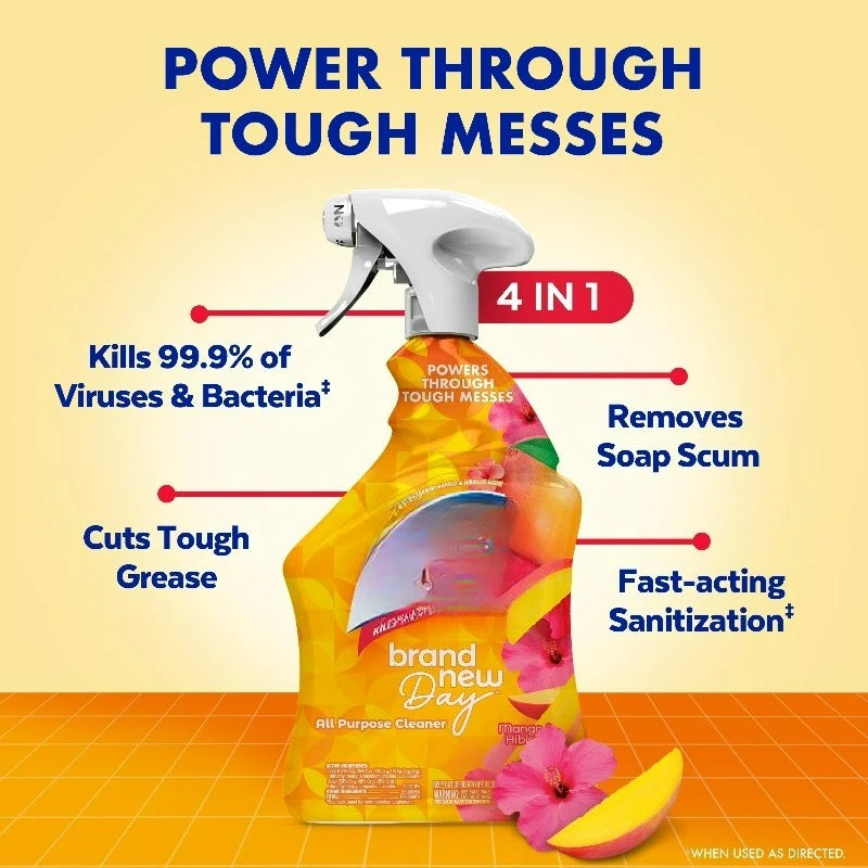 New Day Mango & Hibiscus all-purpose cleaner bottle, 32 oz, orange spray bottle with hibiscus design.
